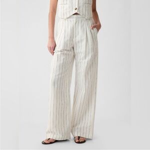 GAP High Rise Linen-Cotton White Navy Striped Trousers 4 Petite